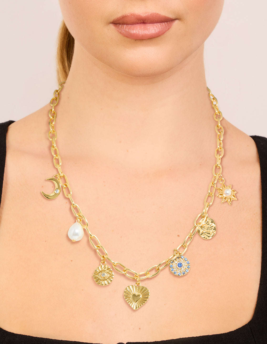 Gold Plated Pearl  Celestial &  Heart Charm Necklace