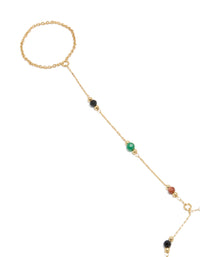 Featuring a gold plated multicoloured semi precious stone beaded hand chain in statement style close up view - link has visual effect only