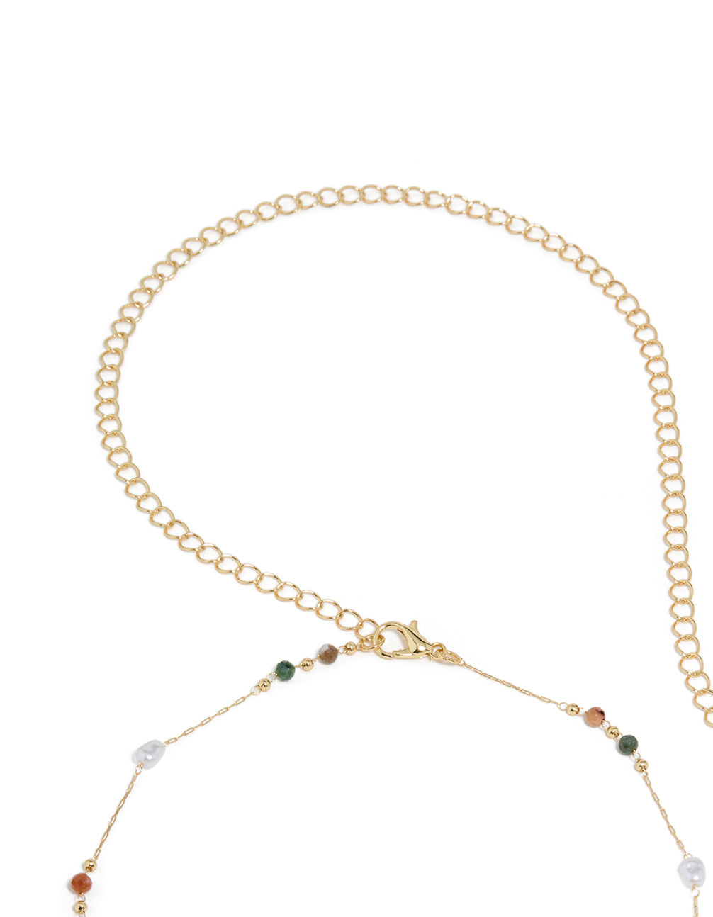 Explore a gold plated waist chain designed with embellished pearl and bead elements showcasing multicoloured stones detail view