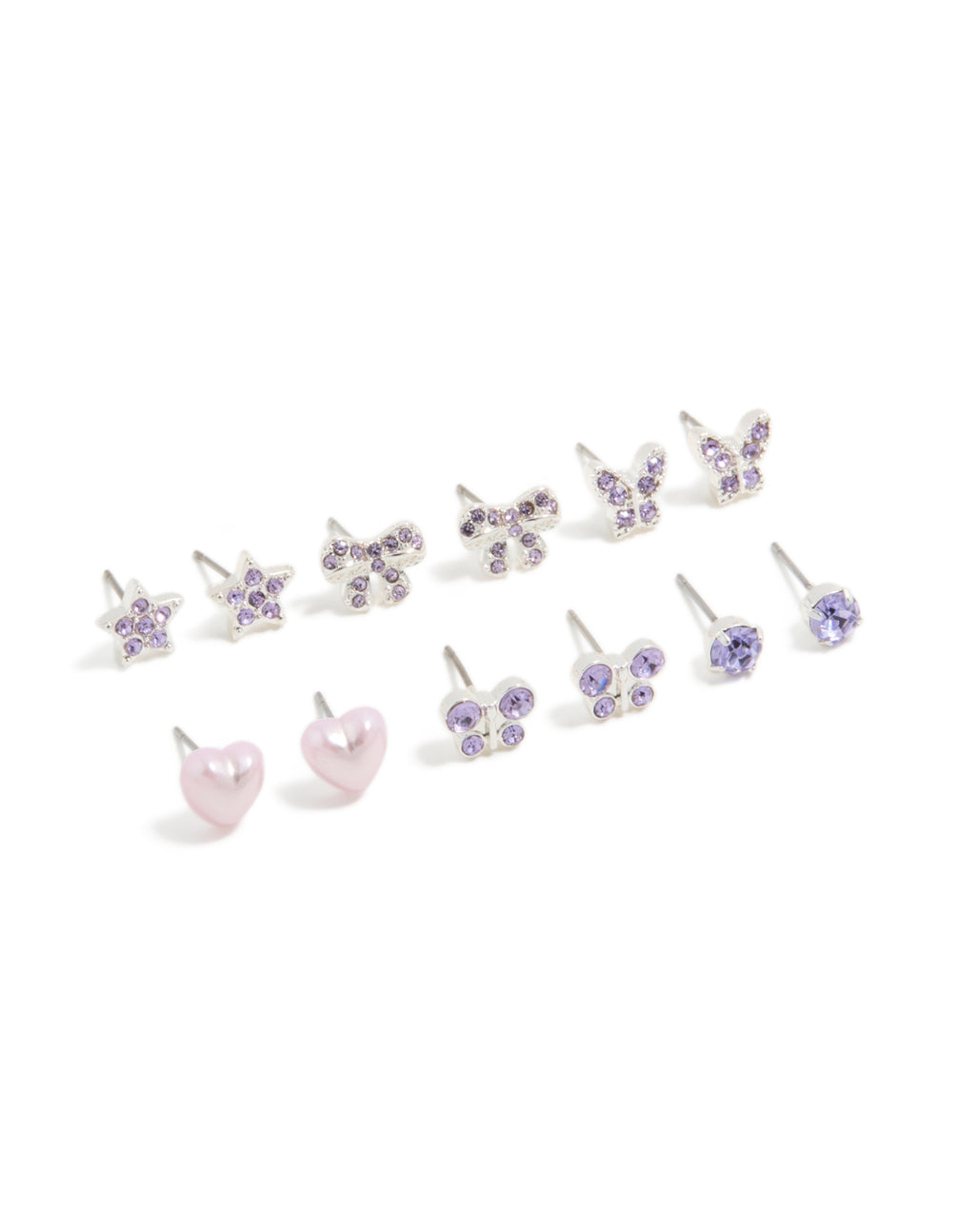 Beautifully crafted kids diamante butterfly stud earrings 6-pack featuring heart, bow and star motifs in silver plated finish front view
