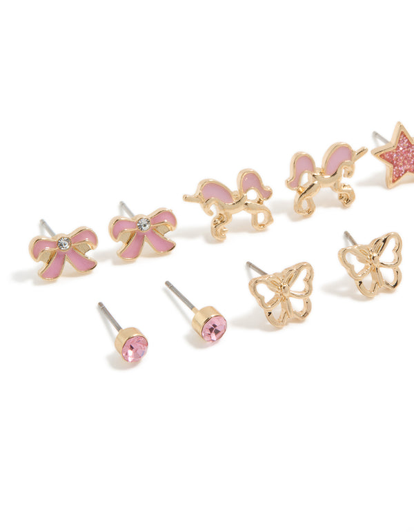 Kids Gold Pearl & Unicorn Stud Earrings 6-Pack