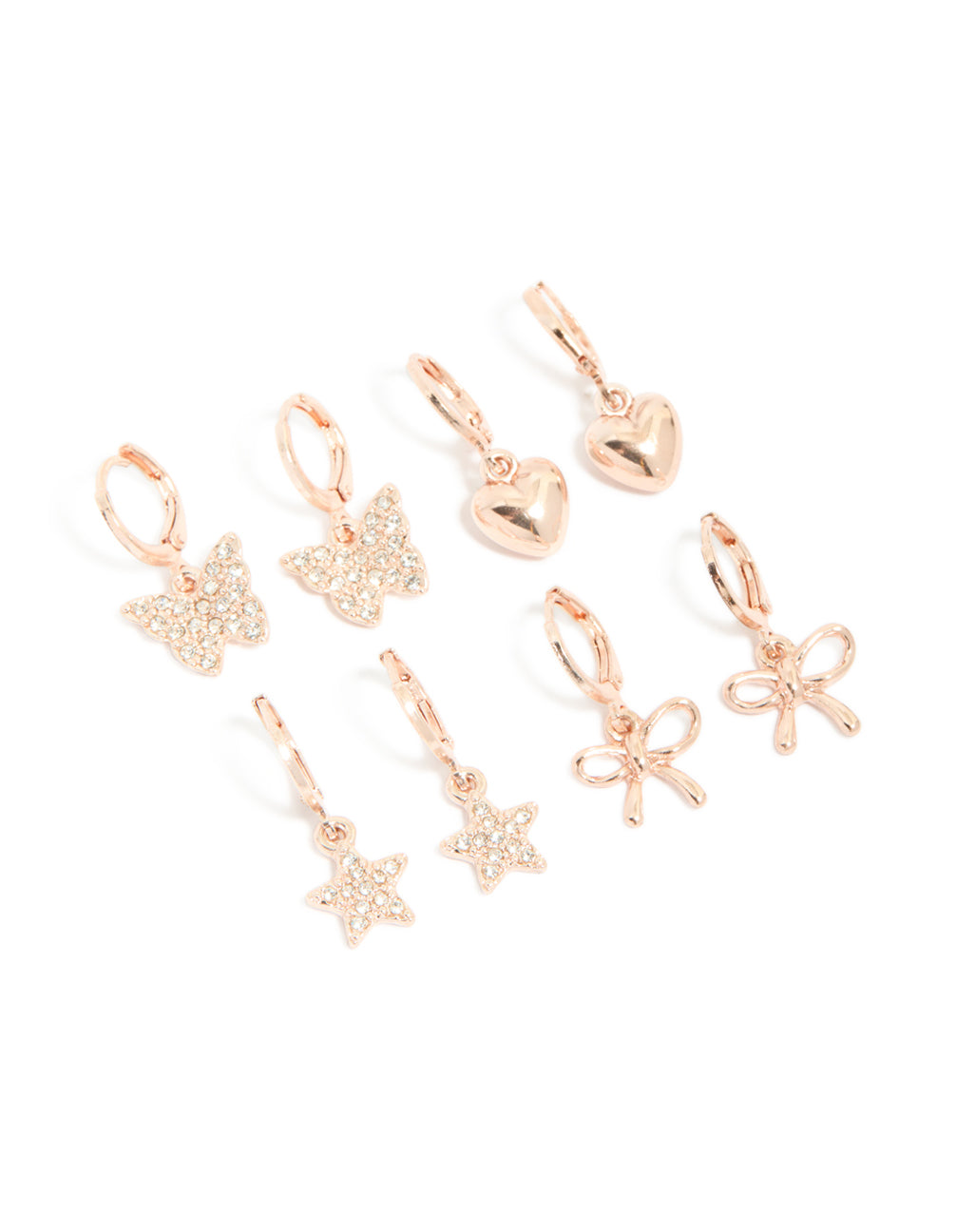 Discover kids rose gold diamante pavé huggie earrings in a 4-pack featuring bow, celestial, heart, and butterfly designs front view
