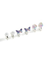 Crafted with clip-on style kids earrings in a 5-pack featuring butterfly, floral rose, heart, and pearl embellishments with silver plated ombre finish in lavender, light pink, and white close up view - link has visual effect only