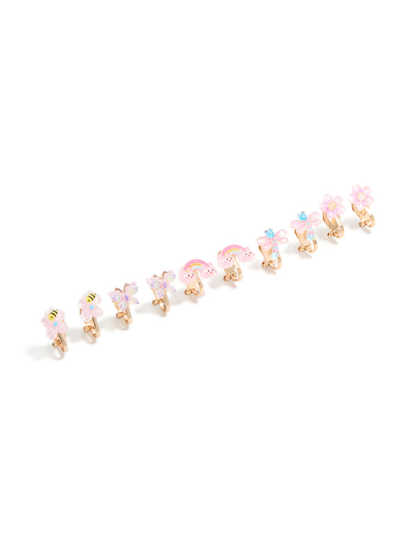 Showcasing kids clip-on earrings in a 5-pack featuring celestial, butterfly, and floral designs with glitter detailing, pink, aqua, and yellow accents, and gold tones in front view