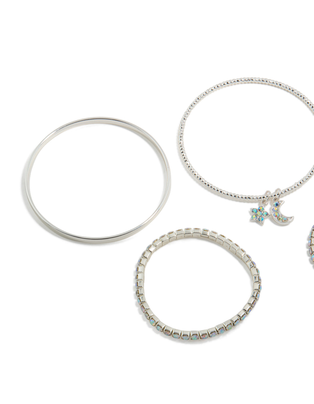 Stylish kids silver diamante celestial bracelets 5-pack with beads, moon charm, and bangle styles close up view