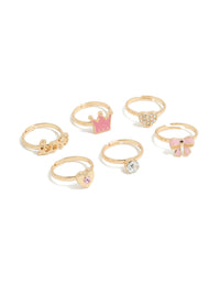 Showcasing kids glitzy love and princess crown rings 6-pack featuring bow, heart and script in gold front view - link has visual effect only