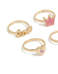Featuring kids glitzy love and princess crown rings 6-pack with bow, heart and script in gold close up view - link has visual effect only