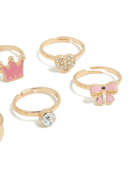 Designed with kids glitzy love and princess crown rings 6-pack in bow, heart and script in gold side view - link has visual effect only
