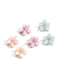 Showcasing kids gold pastel diamante flower claws 6-pack with glitter in pink, light blue, and lavender front view - link has visual effect only