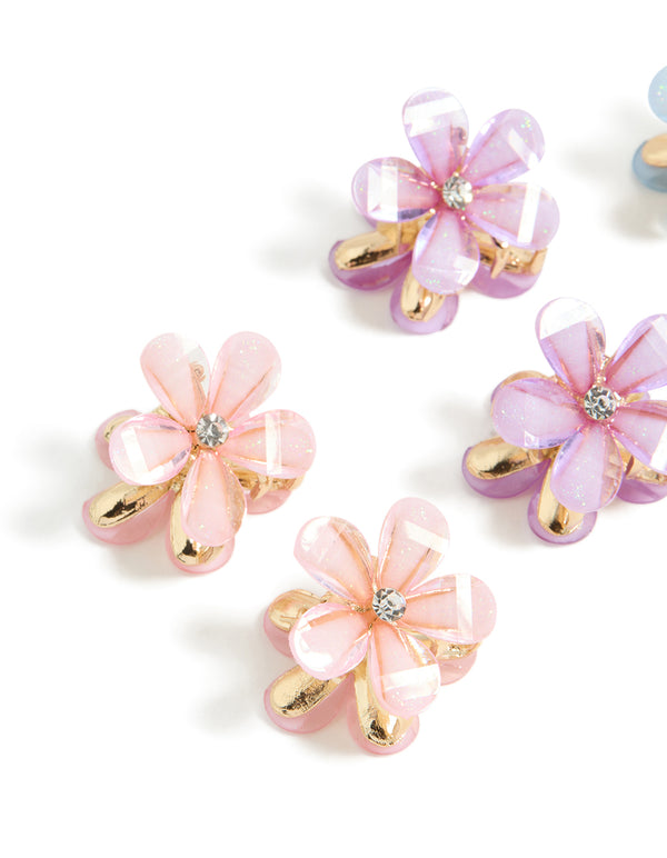 Kids gold pastel diamante flower claws 6-pack with glitter detailing in pink, light blue, and lavender detail view