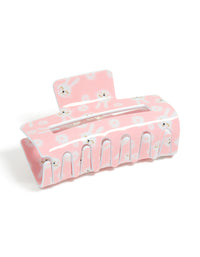 Beautifully crafted kids pink acrylic bunny print claw clip featuring floral and animal details with white and gold accents front view - link has visual effect only