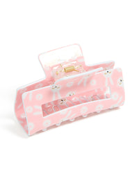Charming kids pink acrylic bunny print claw clip with floral and animal design in white and gold side view - link has visual effect only