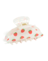 Featuring kids acrylic strawberry fruit print hair claw clip in white, coral, lime green, and gold side view - link has visual effect only