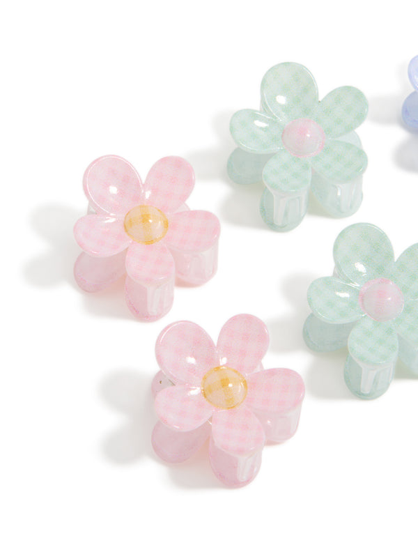 Shop kids gingham print claw clips 6-pack with glitter and floral design in light pink, light blue, mint cream, peach puff side view