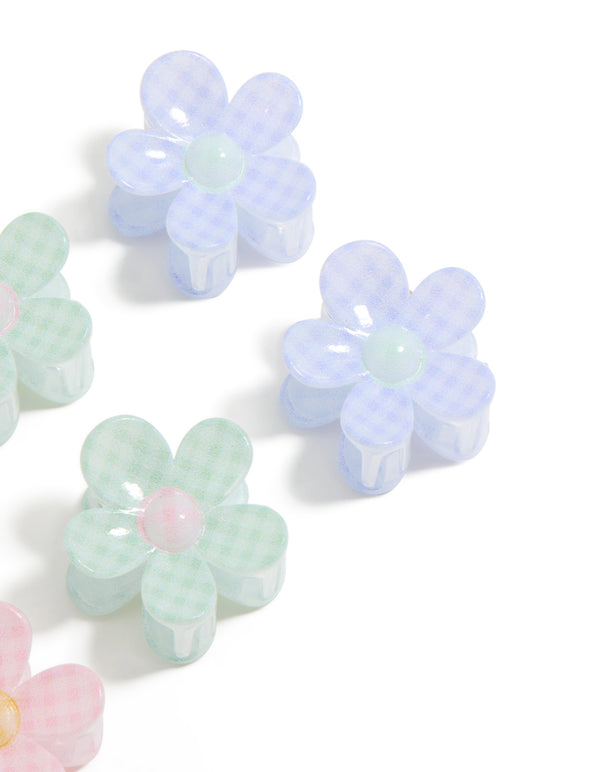Explore kids gingham print claw clips 6-pack crafted with glitter and floral design in light pink, light blue, mint cream, peach puff detail view