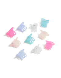 Designed with butterfly accents in light pink, lavender, aqua, and silver, this kids pastel claw clip 10-pack is shown in front view - link has visual effect only