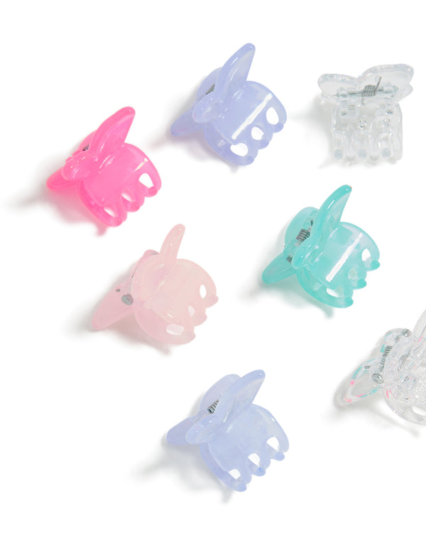 Featuring butterfly accents in light pink, lavender, aqua, and silver, this kids pastel claw clip 10-pack is shown in side view