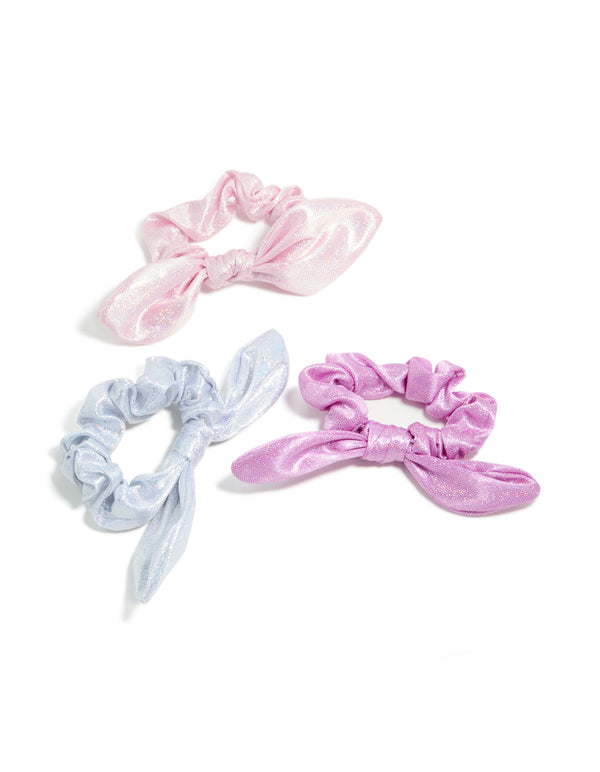 Discover kids pastel polyester bunny ear scrunchies in a 3-pack featuring glitter and solid print in lavender, light blue, and light pink front view