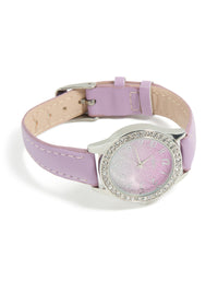 Explore a kids watch with glitter dial featuring round shape in casual style crafted from leather strap in pink color analog type front view - link has visual effect only