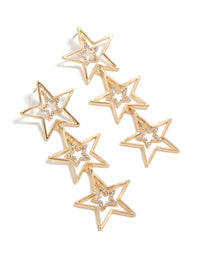 Showcasing statement drop earrings with celestial star design in gold featuring diamante accents front view - link has visual effect only