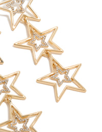 Detailed perspective of statement drop earrings with triple star design in gold and diamante accents post detail view - link has visual effect only