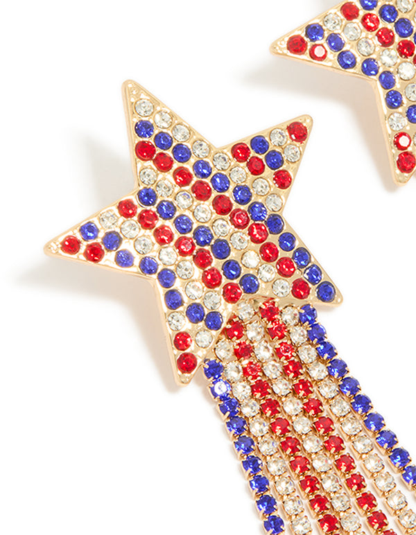 Gold Red Clear & Blue Diamante Cup Chain Star Drop Earrings