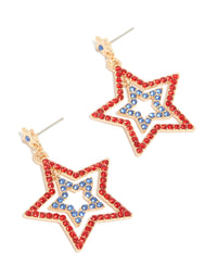 Gold Red & Blue Diamante Triple Star Drop Earrings - link has visual effect only