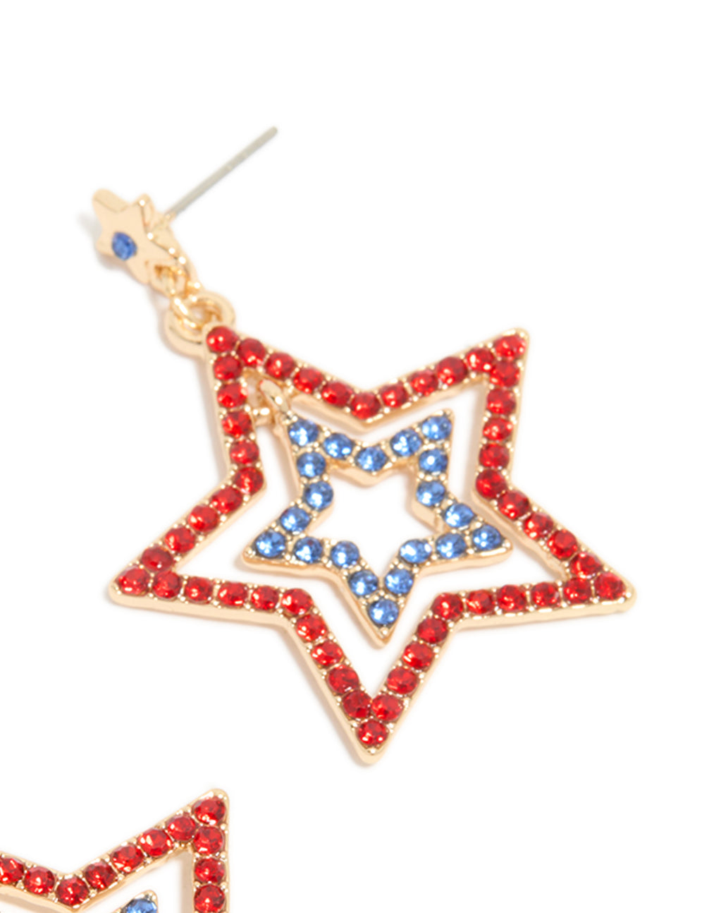 Displaying statement drop earrings with triple star design featuring celestial motifs in red, royal blue, and gold post detail view