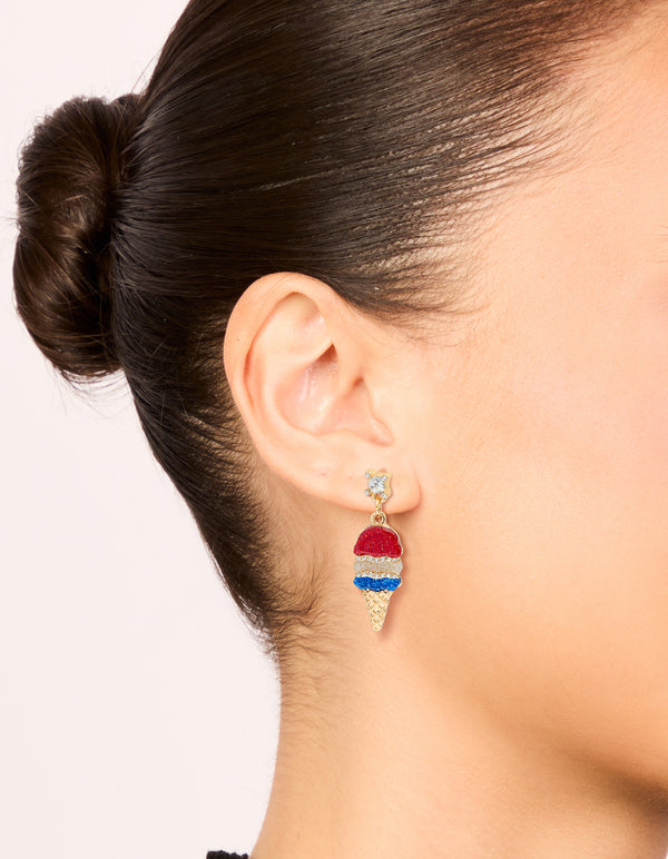 Gold Red Blue & Clear Diamante Ice Cream Cone Drop Earrings