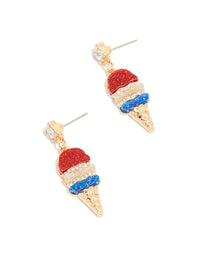 Gold Red Blue & Clear Diamante Ice Cream Cone Drop Earrings - link has visual effect only