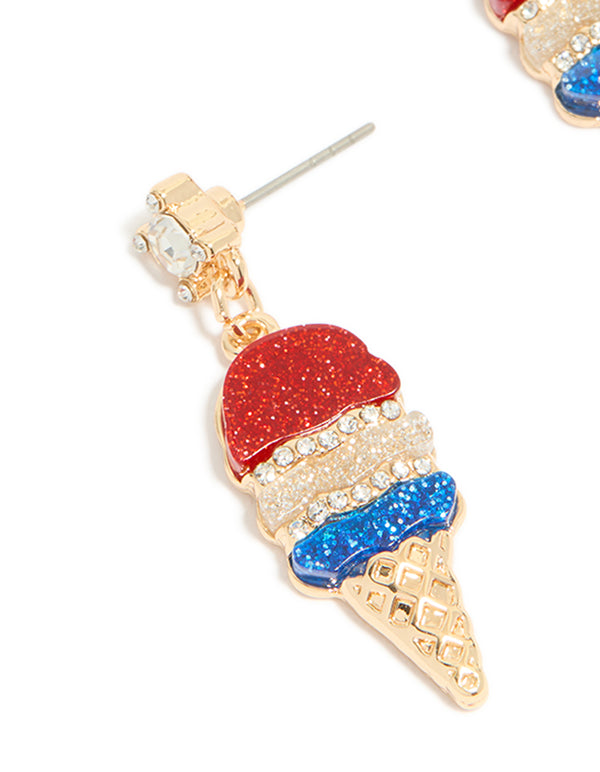 Gold Red Blue & Clear Diamante Ice Cream Cone Drop Earrings