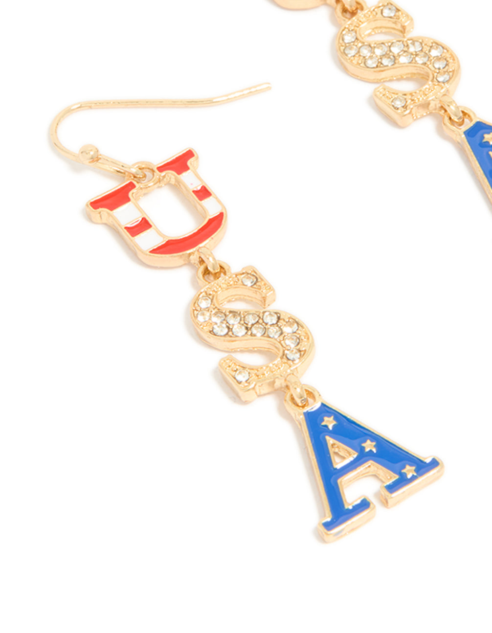 Showcasing gold USA drop earrings with initials featuring script accents in a statement style close up view
