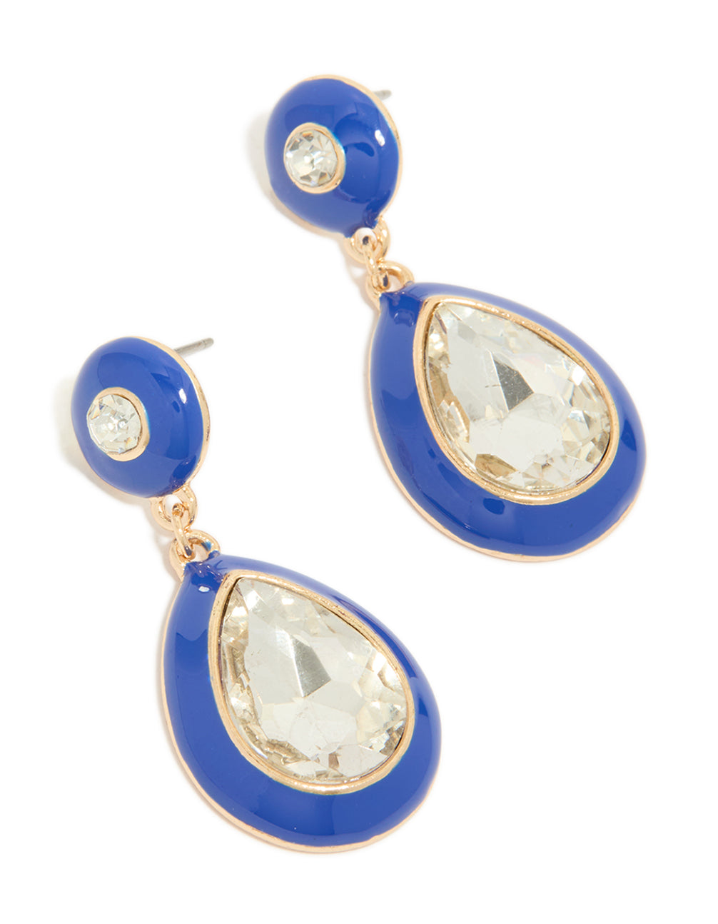 Striking statement drop earrings with pear cut clear diamante stones set in royal blue enamel and gold front view