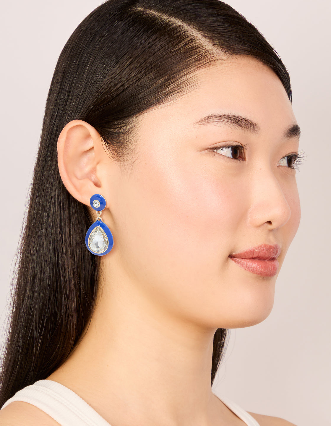 Gold Blue Enamel & Pear Clear Diamante Drop Earrings