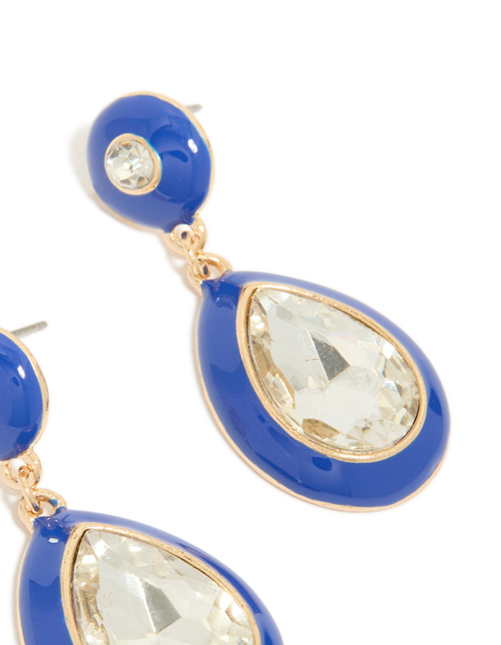 Beautiful statement drop earrings crafted from royal blue enamel with pear cut clear diamante and gold post detail view