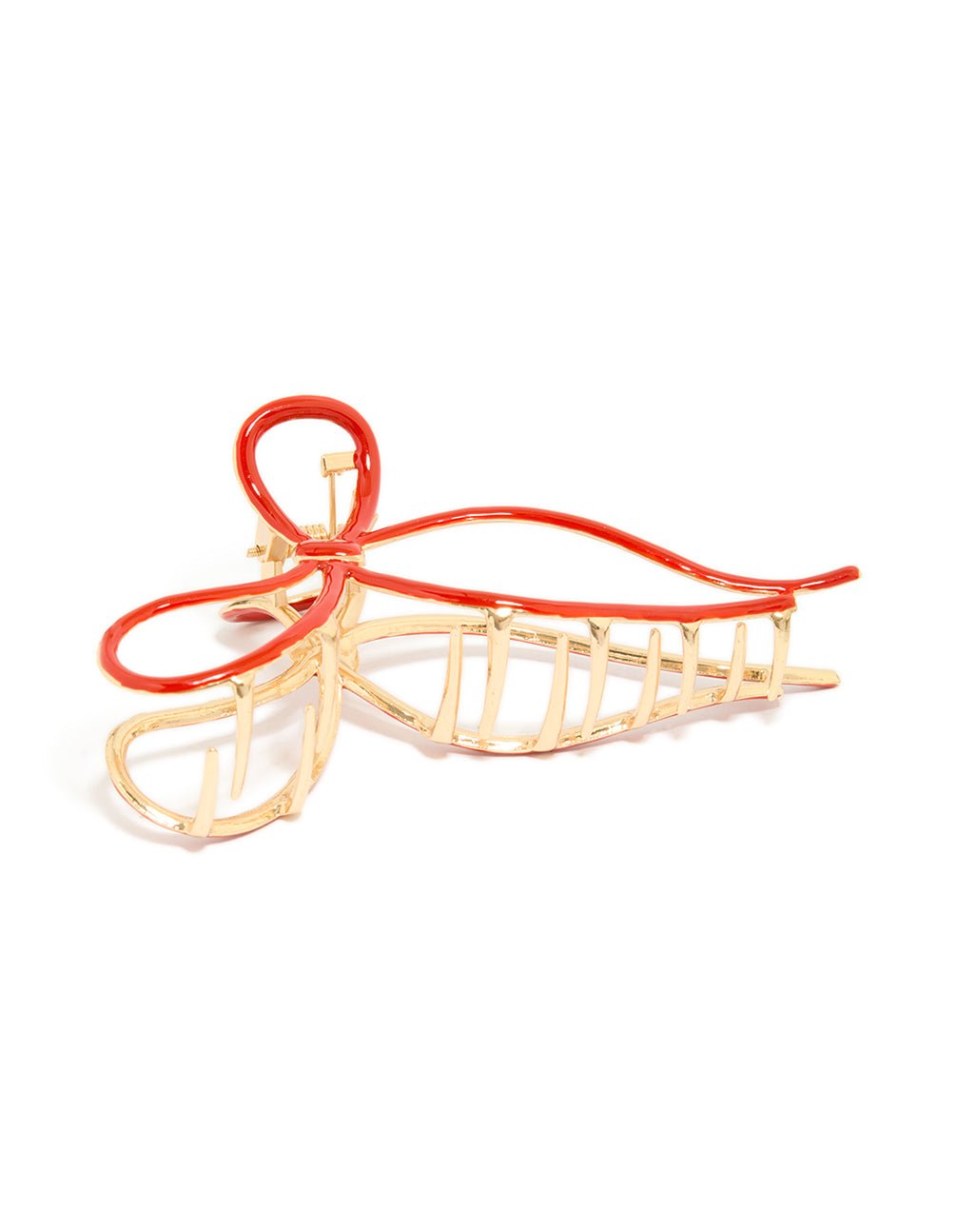 Discover this bow in gold and red claw clip side view