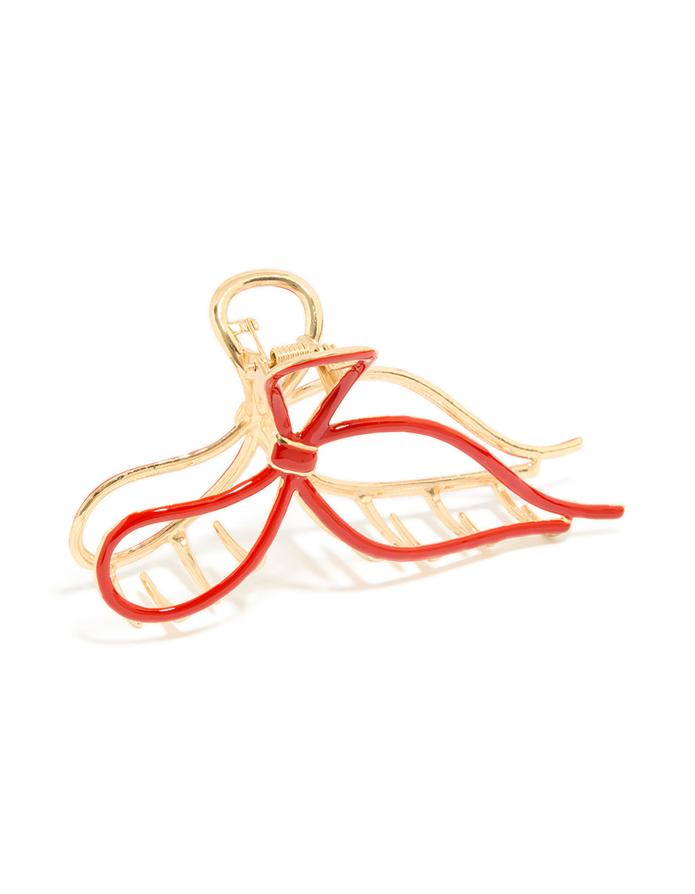 Crafted with bow in gold and red claw clip front view