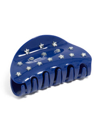 Showcasing a blue cutie star hair claw with celestial design in novelty print navy and silver front view - link has visual effect only