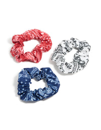 Discover paisley print fabric scrunchies in a 3-pack featuring navy, white, coral, and light sky blue front view - link has visual effect only