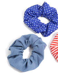 Featuring celestial star and striped polyester scrunchies in a 3-pack with royal blue, cadet blue, red, and white side view - link has visual effect only