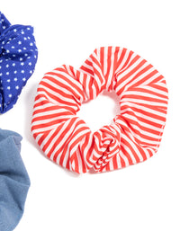 Designed with celestial star and striped polyester scrunchies in a 3-pack with royal blue, cadet blue, red, and white detail view - link has visual effect only