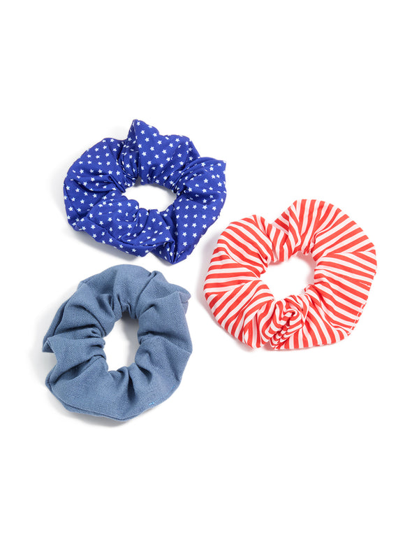 Showcasing celestial star and striped polyester scrunchies in a 3-pack with royal blue, cadet blue, red, and white front view