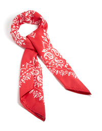 Showcasing a red paisley print fabric scarf details in white side view - link has visual effect only