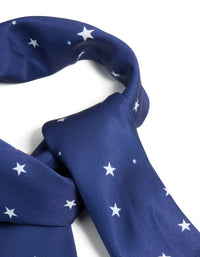 Stylishly designed celestial novelty print fabric scarf in navy and white featuring star motifs detail view - link has visual effect only