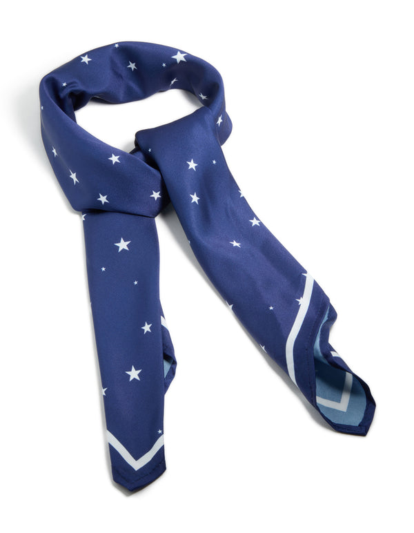 Elegantly styled celestial novelty print fabric scarf in navy and white featuring star motifs side view