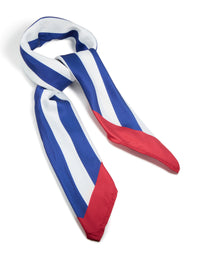 Showcasing a striped fabric scarf in royal blue and white with red accents side view - link has visual effect only