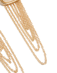 Showcasing statement gold white stone and layered chain drop earrings close up view - link has visual effect only