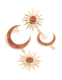 Showcasing gold celestial brown marble drop earrings featuring pearl, charm accents front view - link has visual effect only