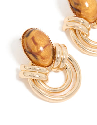 Featuring gold brown stone and double lined stud earrings close up view - link has visual effect only