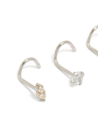 Showcasing surgical steel nose corkscrew studs 3-pack with cubic zirconia crystals in silver and gold tones featuring stud closure detail view - link has visual effect only